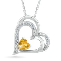 Double Heart Citrine and 1/5ctw Diamond Sterling Silver Pendant Necklace