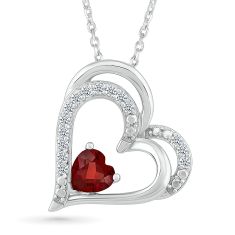 Double Heart Garnet and 1/5ctw Diamond Sterling Silver Pendant Necklace