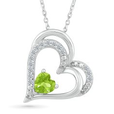 Double Heart Peridot and 1/5ctw Diamond Sterling Silver Pendant Necklace