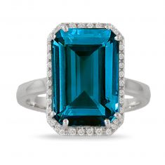 Doves by Doron Paloma 1/6ctw Diamond Halo and London Blue Topaz White Gold Ring | London | Size 6.5