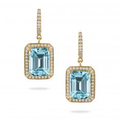 Doves by Doron Paloma 1/3ctw Diamond Halo and Sky Blue Topaz Yellow Gold Drop Earrings | Sky Blue