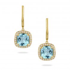 Doves by Doron Paloma 1/5ctw Diamond Halo and Sky Blue Topaz Yellow Gold Drop Earrings | Sky Blue