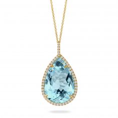 Doves by Doron Paloma 1/4ctw Diamond Pear Halo and Sky Blue Topaz Yellow Gold Pendant Necklace | Sky Blue