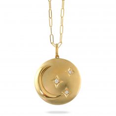 Doves by Doron Paloma 1/20ctw Diamond Stars and Crescent Moon Yellow Gold Medallion Pendant Necklace | Celestia