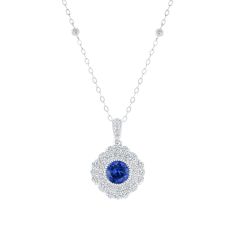 Downton Abbey | Cora Grantham - Created Blue Sapphire Milgrain Halo Sterling Silver Pendant Necklace