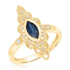 Downton Abbey | Cora Grantham - Marquise Genuine Blue Sapphire and Diamond Scalloped Milgrain Yellow Gold Ring