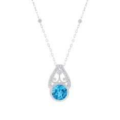 Downton Abbey | Cora Grantham - Round Swiss Blue Topaz and Created White Sapphire Sterling Silver Pendant Necklace