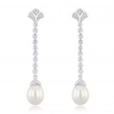 Downton Abbey | Lady Edith - Freshwater Cultured Pearl and Created White Sapphire Drop Sterling Silver Earrings