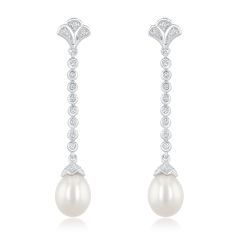 Downton Abbey | Lady Edith - Freshwater Cultured Pearl and Created White Sapphire Drop Sterling Silver Earrings