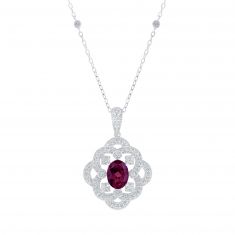 Downton Abbey | Lady Mary - Oval Rhodolite Garnet and Created White Sapphire Milgrain Scroll Sterling Silver Necklace