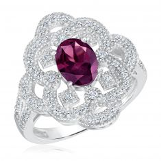 Downton Abbey | Lady Mary - Round Rhodolite Garnet and Created White Sapphire Milgrain Scroll Sterling Silver Ring
