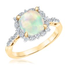 Downton Abbey Lady Edith - Cushion Opal and 1/8ctw Diamond Halo Yellow Gold Ring