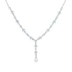 Downton Abbey Lady Edith - Freshwater Cultured Pearl and Created White Sapphire Sterling Silver Drop Pendant Necklace