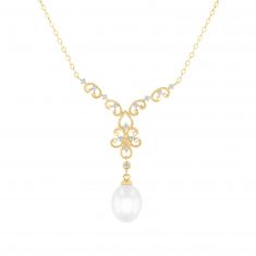 Downton Abbey | Lady Edith - Freshwater Cultured Pearl and 1/10ctw Diamond Yellow Gold Pendant Necklace