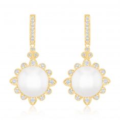 Downton Abbey | Lady Edith - Freshwater Cultured Pearl and 1/4ctw Diamond Yellow Gold Drop Earrings