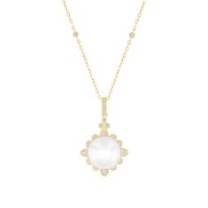 Downton Abbey | Lady Edith - Freshwater Cultured Pearl and 1/4ctw Diamond Yellow Gold Pendant Necklace