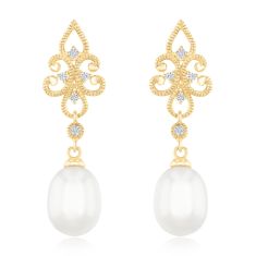 Downton Abbey | Lady Edith - Freshwater Cultured Pearl and Diamond Accent Yellow Gold Drop Earrings