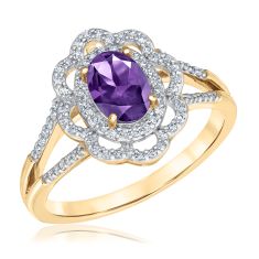 Downton Abbey Dowager Countess - Oval Amethyst and 1/4ctw Diamond Yellow Gold Ring