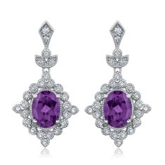 Downton Abbey Dowager Countess - Oval Amethyst and Created White Sapphire Sterling Silver Earrings