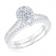 1ctw Pear Diamond Halo White Gold Engagement and Wedding Ring Bridal Set | Couture Collection