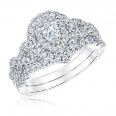 1ctw Pear Diamond Double Halo White Gold Engagement Ring and Wedding Band Set | Couture Collection