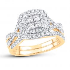 1ctw Princess Diamond Cluster Yellow Gold Halo Engagement and Wedding Ring Bridal Set | Glow Collection