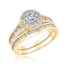 1 1/4ctw Round Diamond Halo Yellow Gold Engagement and Wedding Ring Bridal Set | Glow Collection