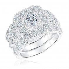 4 1/2ctw Diamond Cushion Frame 75th Anniversary White Gold Engagement and Wedding Ring Three Piece Bridal Set | Timeless Collection