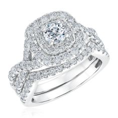 2ctw Round Diamond Double Cushion Halo White Gold Engagement and Wedding Ring Bridal Set | Timeless Collection