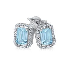 Emerald-Shaped Aquamarine and 1/8ctw Diamond Sterling Silver Earrings