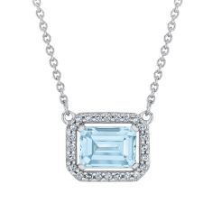 Emerald-Shaped Aquamarine and 1/8ctw Diamond Sterling Silver Necklace