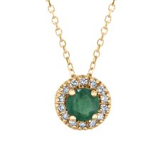 Emerald and 1/15ctw Diamond Halo Yellow Gold Pendant Necklace