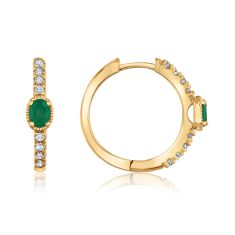 Emerald and 1/6ctw Diamond Yellow Gold Huggie Hoop Earrings