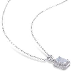 Emerald Aquamarine Diamond Halo Sterling Silver Pendant 1/20ctw