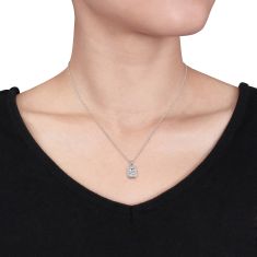 Emerald Aquamarine Diamond Halo Sterling Silver Pendant 1/20ctw