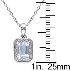 Emerald Aquamarine Diamond Halo Sterling Silver Pendant 1/20ctw