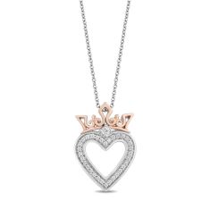 Enchanted Disney Fine Jewelry Majestic Princess Two-Tone Diamond Heart Tiara Pendant Necklace 1/6ctw