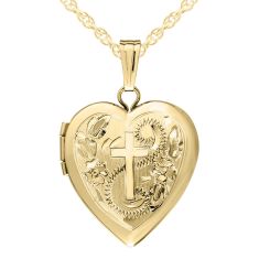Engraved Heart with Cross Yellow Gold Locket Necklace