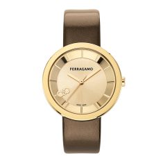 Ferragamo Curve V2 Gold-Tone Dial Brown Patent Leather Strap Watch 35mm - SFSH00224