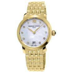 Frederique Constant Slimline Diamond Accent White Mother-of Pearl Dial Yellow Gold Tone Stainless Steel Bracelet Watch 30mm - FC-220MPWD1S25B