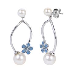 Fresh Water Cultured Pearl and Blue Enamel Flower Sterling Silver Earrings