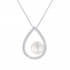 Freshwater Cultured Pearl and Diamond Teardrop Pendant Necklace 1/6ctw
