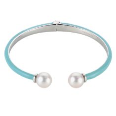 Fresh Water Cultured Pearl and Teal Resin Sterling Silver Bangle Bracelet