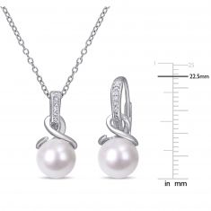 Fresh Water Cultured Pearl Drop and 1/10ctw Diamond Sterling Silver Earrings and Pendant Necklace Set
