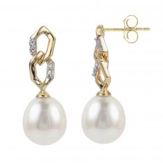 image of Freshwater Cultured Pearl and 1/20ctw Diamond Yellow Gold Drop Earrings with sku:929729_FW