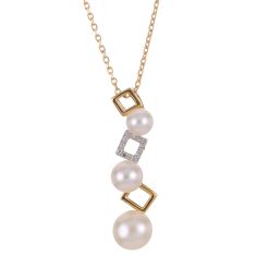 Freshwater Cultured Pearl and 1/20ctw Diamond Yellow Gold Geometric Pendant Necklace