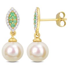 Freshwater Cultured Pearl, 1/7ctw Diamond, Emerald Yellow Gold Drop Earrings