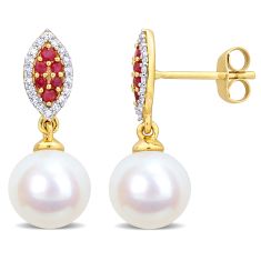 Freshwater Cultured Pearl, 1/7ctw Diamond, Ruby Yellow Gold Drop Earrings