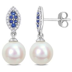 Freshwater Cultured Pearl, 1/7ctw Diamond, and Blue Sapphire White Gold Drop Earrings