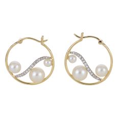 Freshwater Cultured Pearl and 1/8ctw Diamond Yellow Gold Hoop Earrings